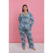 Akbeniz Kadın Büyük Beden Mavi Tropikal Desenli Düğmeli Pijama Takımı - 6XL