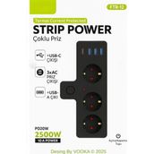 Akıllı Priz Termal Korumalı 3 Prizli Çoklu Akım Prizi | 3 Usb-A + 1 Usb-C 2500W 10A Pd 20W - Siyah