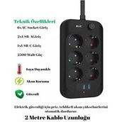 Akım Korumalı 6’lı Priz 2 Usb-A + 1 Usb-C Çıkışlı Isıya Dayanıklı Çoklu Akıllı Priz - Siyah