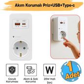 Akım Şok Korumalı Tekli Priz USB Type-C Çoçuk Korumalı Fiş Telefon Hızlı Şarj Soketi 720 Joule - Beyaz