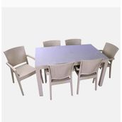 Almina Italy 80x140 Kapuçino Renk Camlı 6 Kişilik Rattan Desenli Bahçe Masa Takımı