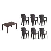 Almina Italy Pro Rattan 80x140 cm Masa 6 Adet Sandalye Acı Kahve Renk Bahçe Mobilya Takımı