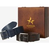 ALTINYILDIZ CLASSICS Erkek Lacivert-Kahverengi Özel Ahşap Hediye Kutulu 2'li Kot Kemeri Seti Damat Bohçası