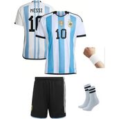 Andream Arjantin 2023/2024 Sezon Messi Dünya Kupası 3 Yıldız Futbol 4'lü Çorap+Bileklik Hediyeli Mavi Beyaz Çocuk Forması
