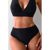 Angelsin Yandan Büzgülü Kadın Bikini Altı Yüksek Bel Düz Siyah Likra Kumaş 1 Parça - 36
