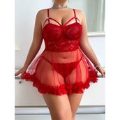 Anvelle Lingerie Büyük Beden Kırmızı Bikini Tanga Hediyeli Gecelik - 4XL