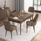 Are Serisi, Mdf 80X132 Açılabilir Barok Ahşap Desen Yemek Odası Takımı, 4 Sandalye Gold Halkalı - 80 x 132 cm - Kahverengi