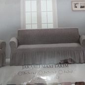 Arlisa 3+3+1+1 Naturel Jakarlı Kare Çizgili Etekli Maksi Koltuk Örtüsü