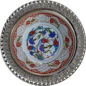 Armada Çini Prt 50 25 cm Kırmızı Altın Yaldızlı Lale Karanfil Gümüş Çini Tabak