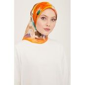 Armine 9103-80 Turuncu Batik Çiçek Desenli Tivil İpek Eşarp