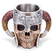 Arola Paslanmaz Çelik Çift Saplı Korna Kafatası Bira Fincanı, Viking Savaşçı Kafatası Kupa Tankard, Kahve/İçecek/Meyve Suyu için Ortaçağ Kafatası Bardak Takımı 480 ml.