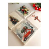 Arslart Kırmızı Araba ve Noel Süsleri Desenli Doğal Taş Bardak Altlığı, Ev Dekoru, Yılbaşı Hediyesi, 4’lü