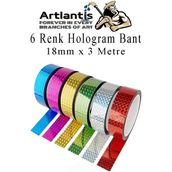 Artlantis Renkli Hologram Bant 6 Renk 1 Paket 18MM x 3 Metre Yaldızlı Metalik Desenli Fosforlu Hologram Bant Hobi Tasarım - Standart