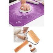 AYGÖREN HOME 2'li Set Silikon Hamur Açma Matı Ölçekli Hamur Açma Altlığı Ve Ahşap Saplı Rulo Hamur Açıcı Merdane