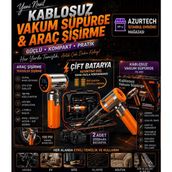 Azurtech 22000PA Kablosuz Araç Süpürgesi ve Lastik Şişirme Pompası | Çift Bataryalı 4’ü 1 Arada Mini Vakum - Siyah