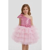 Baby Smile Kız Çocuk Tek Omuz Payetli Fiyonklu Tütü Abiye Elbise - 4 Yaş - Açık Pembe