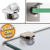 Badem10 4 Adet Raf Ahşap Cam Etejer Metal Pimli Krom Plastik Vidalı Cam Tutucu