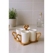 Bambum Fugu - Bambu Standlı 4'lü Kupa Seti - Beyaz - 350 ml