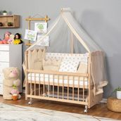 Bamgidoo Doğal Anne Yanı Ahşap Beşik Modelleri (Boyasız) 60X120-KREM Nakış(Kız) Tekerlekli - Hot Baloon