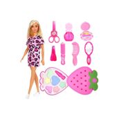 Barbie Oyuncak Bebek + Çilek Sürülebilir Makyaj Seti + Aksesuar