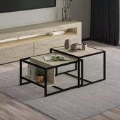 Batı 2’li Modern Orta Sehpa Takımı – Metal Ayaklı, Alt Raflı, Traverten