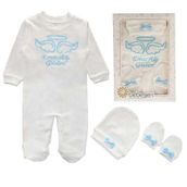 Bebegen İsme Özel Mavi Nakışlı Bereli Eldivenli Erkek Bebek Tulum