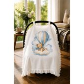 bebeqon %100 Müslin Bebek Puset Örtüsü Fırfırlı Ayıcık Desenli Beyaz 70x110 cm