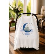 bebeqon %100 Müslin Bebek Puset Örtüsü Fırfırlı Fil Desenli Beyaz 70x110 cm