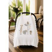 bebeqon %100 Müslin Bebek Puset Örtüsü Fırfırlı Sevimli Hayvanlar Desenli Beyaz 70x110 cm
