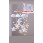 beberinos Müzikli Kahve Kremli Gri Ayıcık Bebek / Çocuk %100 El Yapımı Bebek Beşik Süsü Dönence