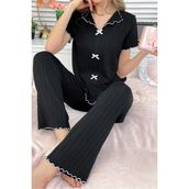 Bella Notte Pamuklu Siyah Fitilli Mevsimlik Kadın Pijama Takımı - XL