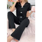 BELLA NOTTE Pamuklu Siyah Fitilli Mevsimlik Kadın Pijama Takımı