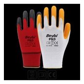 Beybi PN3 Beyaz Sarı 10 12'li Polyester Örme Nitril Eldiven