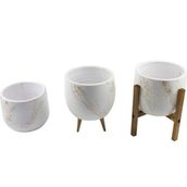 Bitki Tasarımı Mermer Efektli Beyaz Üzeri Gold Üçlü Set 15 cm Toprak Saksı