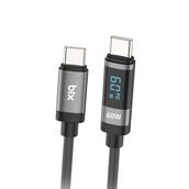 Bix 1 mt 60W Type-C to Type-C Örgülü LED Dijital Ekranlı Şarj ve Data Kablosu