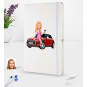 BK Kişiye Özel Plakalı Kadın Mini Cooper Karikatürlü Beyaz Termo Deri Defter 16X24CM Model 1