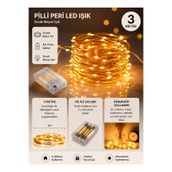 BLUE SİDE Peri Led Işık 3 Metre Pilli Sıcak Beyaz Dekoratif Bakır Tel Led Zincir Işık Ev Oda Yılbaşı Parti Süsü