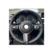 Bmw F30 Araca Özel Dikmeli Direksiyon Kılıfı Noktalı Karbon 3M Yüzüklü Mavi Dikişli