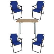 Bofigo 60x80 cm Çam Desenli Katlanır Masa + Katlanır Mavi 4 Adet Sandalye Kamp Seti