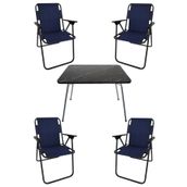 Bofigo Katlanır Granit Desenli 60x80 cm Masa + Katlanır Mavi 4 Adet Sandalye Kamp Seti