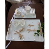 Bonding Gold Beyaz İncili Söz Tepsisi Nişan Tepsisi ve Damat Kahve Fincan Tepsisi BORDO