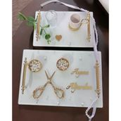 Bonding Gold Beyaz İncili Söz Tepsisi Nişan Tepsisi ve Damat Kahve Fincan Tepsisi Kırmızı