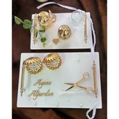 Bonding Gold Beyaz İncili Söz Tepsisi Nişan Tepsisi ve Damat Kahve Fincan Tepsisi Mor