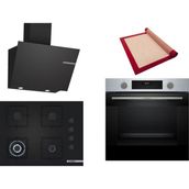 Bosch Siyah 3 Lü Ankastre Set 422 ( HUA717BR0T - POH7C6P30O - DWK66PJ60T ) 67CM Wok Bek Ocak - Buhar Destekli Inox Fırın - Pişirme Matı ile