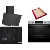 Bosch Siyah 3 Lü Ankastre Set 520 ( HUA717BR0T - POH7C6P31O - DWK64PJ60T ) 67CM Wok Bek Ocak - Buhar Destekli Inox Fırın - Pişirme Matı ile