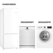 Bosch Üçlü Beyaz Eşya Seti KGN55VWE0N-WAN24200TR-SMS26DW00T Beyaz Renkli Fonksiyonel Tasarım