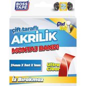 Boss Tape Çift Taraflı Bant Şeffaf Çok Güçlü Akrilik Silikon Montaj Bandı En:24mm Boy:3mt