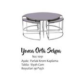Brc Yonca 17548 Düz Siyah Temper Cam Metal Gümüş Renk Kaplama El Yapım Zigon Orta Sehpa