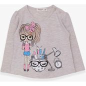 Breeze Bej Melanj 1-4 Yaş Uzun Kollu Ressam Baskılı Kız Çocuk T-shirt