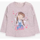 Breeze Bej Melanj 1-4 Yaş Uzun Kollu Sevimli Baskılı Kız Çocuk T-shirt